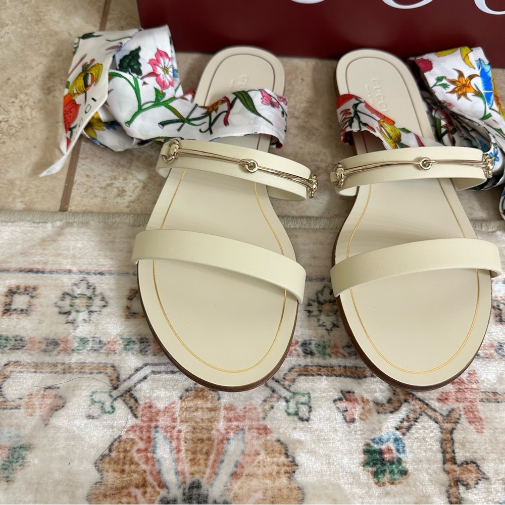 New authentic Gucci silk ankle wrap leather sandals size 37.5 - Picture 7 of 9